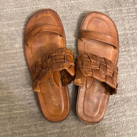 Free People Brown Woven River Sandals Size 39 US 8.5 Leather Slip On Boho - Picture 1 of 11